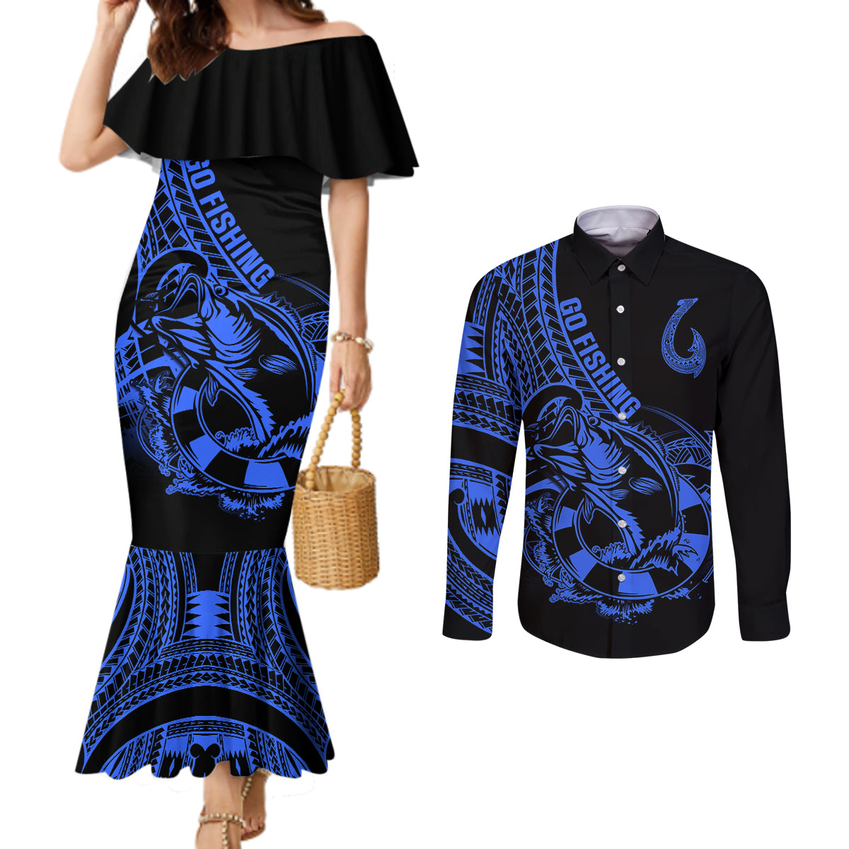 polynesia-couples-matching-mermaid-dress-and-long-sleeve-button-shirts-fish-hook-tattoo-go-fishing-polynesian-pattern-blue