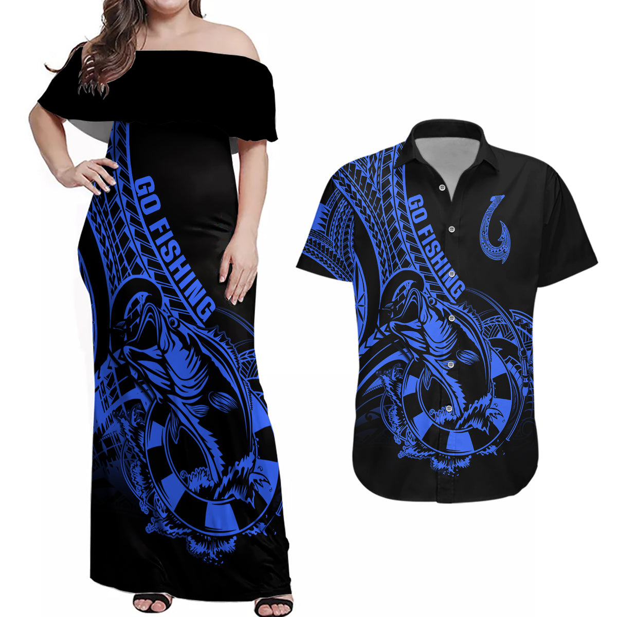 Polynesia Couples Matching Off Shoulder Maxi Dress and Hawaiian Shirt Fish Hook Tattoo Go Fishing Polynesian Pattern Blue - Wonder Print Shop