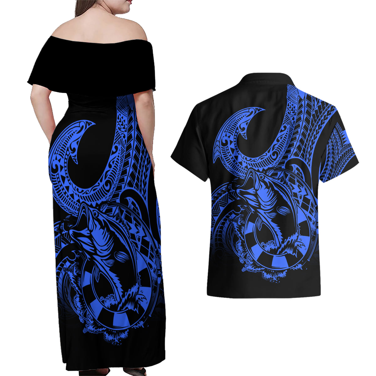 Polynesia Couples Matching Off Shoulder Maxi Dress and Hawaiian Shirt Fish Hook Tattoo Go Fishing Polynesian Pattern Blue - Wonder Print Shop