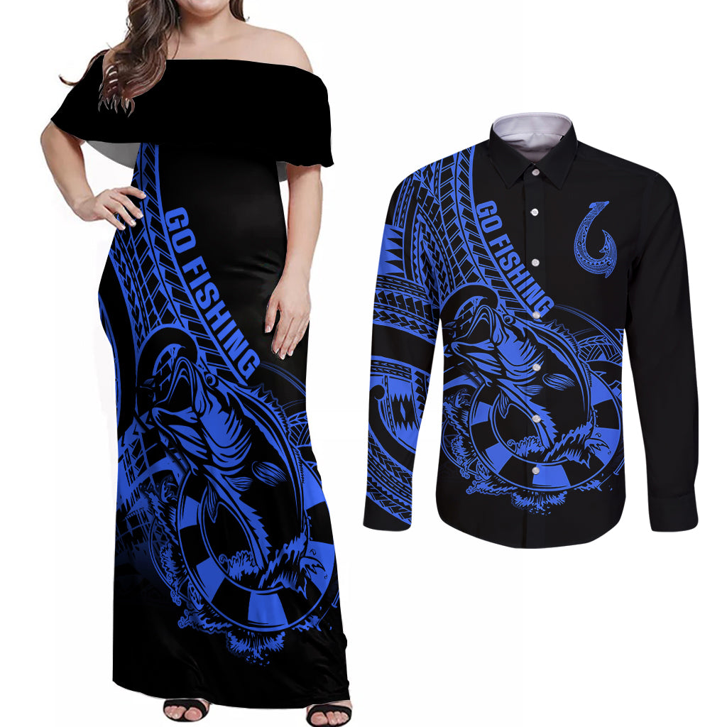 Polynesia Couples Matching Off Shoulder Maxi Dress and Long Sleeve Button Shirts Fish Hook Tattoo Go Fishing Polynesian Pattern Blue - Wonder Print Shop