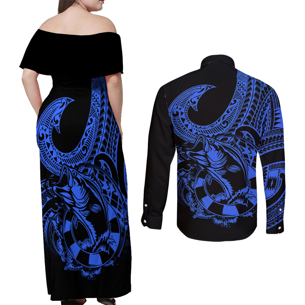 Polynesia Couples Matching Off Shoulder Maxi Dress and Long Sleeve Button Shirts Fish Hook Tattoo Go Fishing Polynesian Pattern Blue - Wonder Print Shop