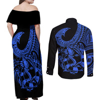 Polynesia Couples Matching Off Shoulder Maxi Dress and Long Sleeve Button Shirts Fish Hook Tattoo Go Fishing Polynesian Pattern Blue - Wonder Print Shop