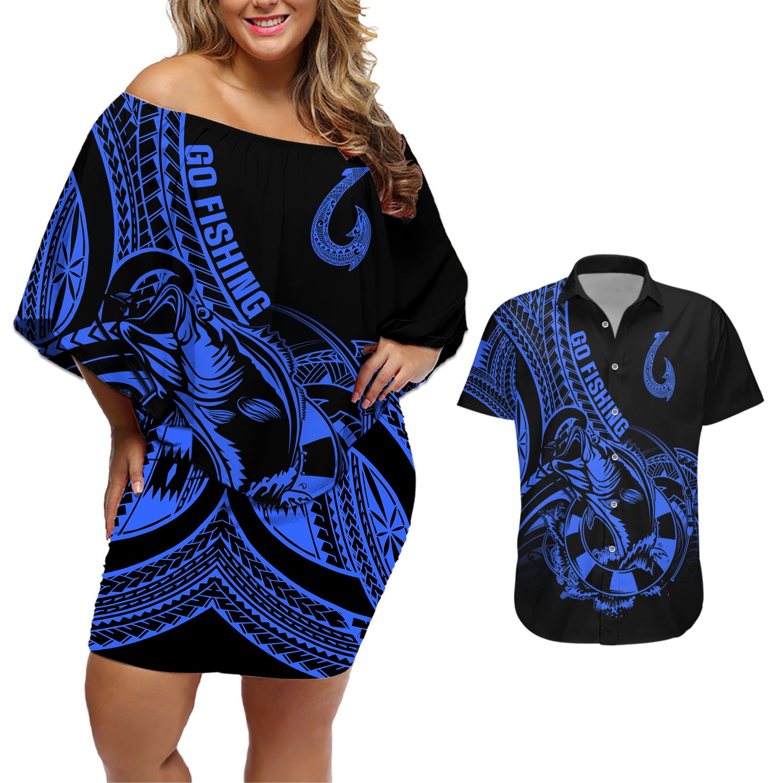 Polynesia Couples Matching Off Shoulder Short Dress and Hawaiian Shirt Fish Hook Tattoo Go Fishing Polynesian Pattern Blue - Wonder Print Shop