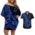 Polynesia Couples Matching Off Shoulder Short Dress and Hawaiian Shirt Fish Hook Tattoo Go Fishing Polynesian Pattern Blue - Wonder Print Shop