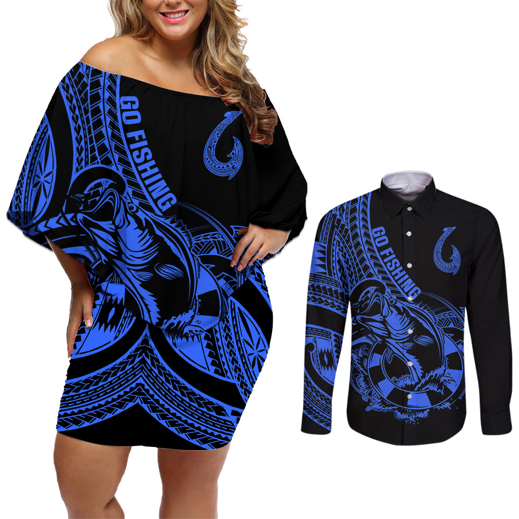 Polynesia Couples Matching Off Shoulder Short Dress and Long Sleeve Button Shirts Fish Hook Tattoo Go Fishing Polynesian Pattern Blue - Wonder Print Shop