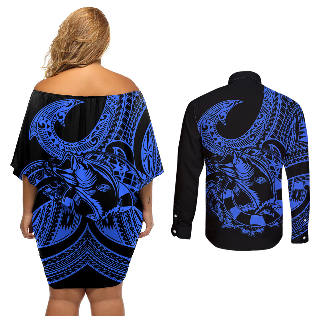 Polynesia Couples Matching Off Shoulder Short Dress and Long Sleeve Button Shirts Fish Hook Tattoo Go Fishing Polynesian Pattern Blue - Wonder Print Shop