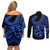 Polynesia Couples Matching Off Shoulder Short Dress and Long Sleeve Button Shirts Fish Hook Tattoo Go Fishing Polynesian Pattern Blue - Wonder Print Shop