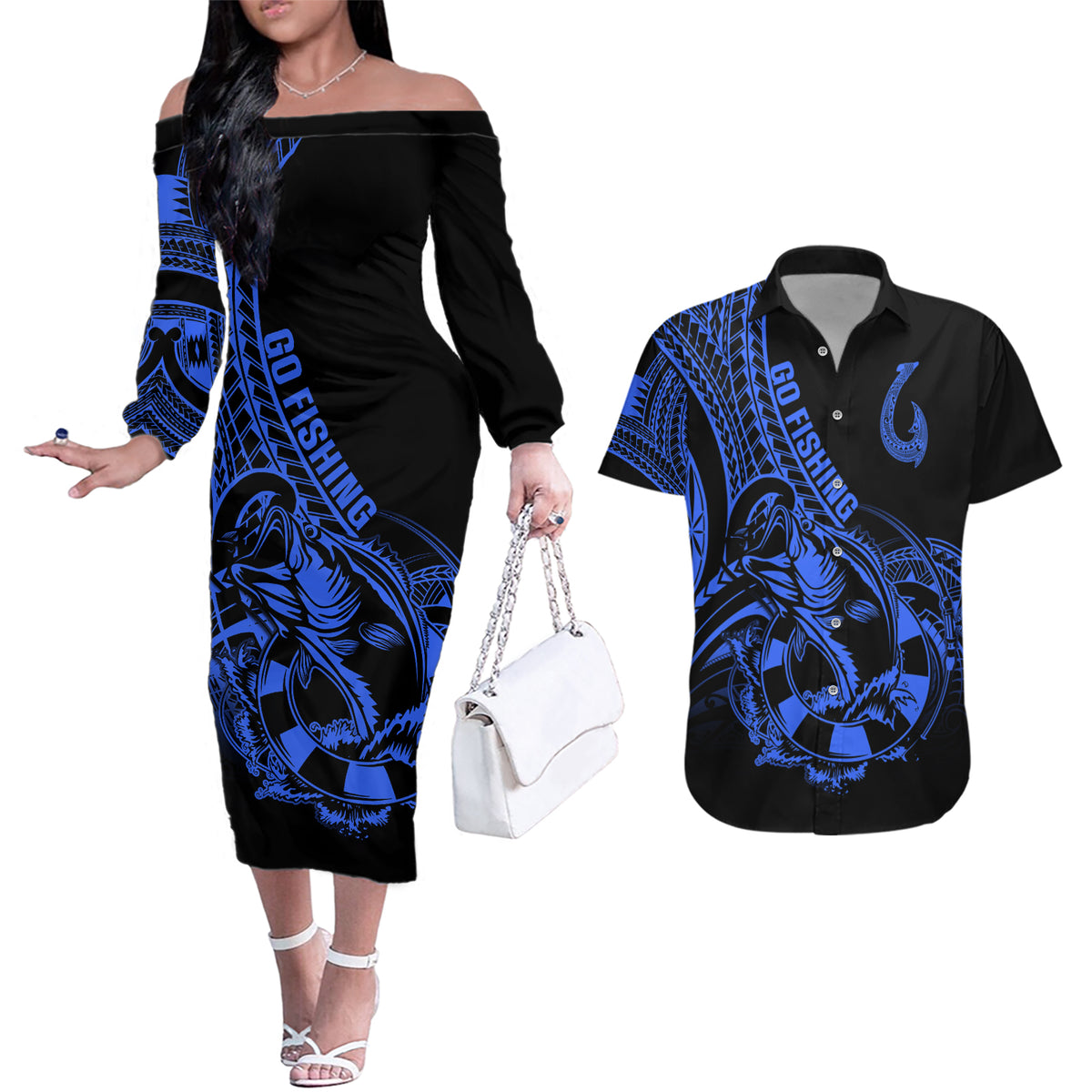 Polynesia Couples Matching Off The Shoulder Long Sleeve Dress and Hawaiian Shirt Fish Hook Tattoo Go Fishing Polynesian Pattern Blue - Wonder Print Shop