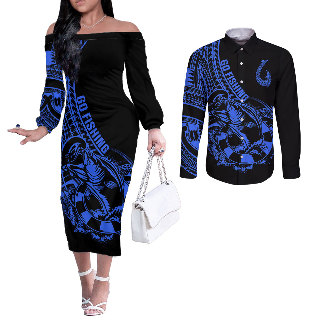 polynesia-couples-matching-off-the-shoulder-long-sleeve-dress-and-long-sleeve-button-shirts-fish-hook-tattoo-go-fishing-polynesian-pattern-blue