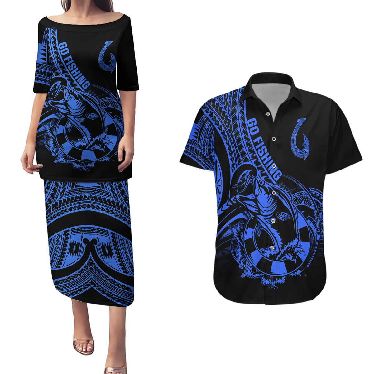 Polynesia Couples Matching Puletasi Dress and Hawaiian Shirt Fish Hook Tattoo Go Fishing Polynesian Pattern Blue - Wonder Print Shop
