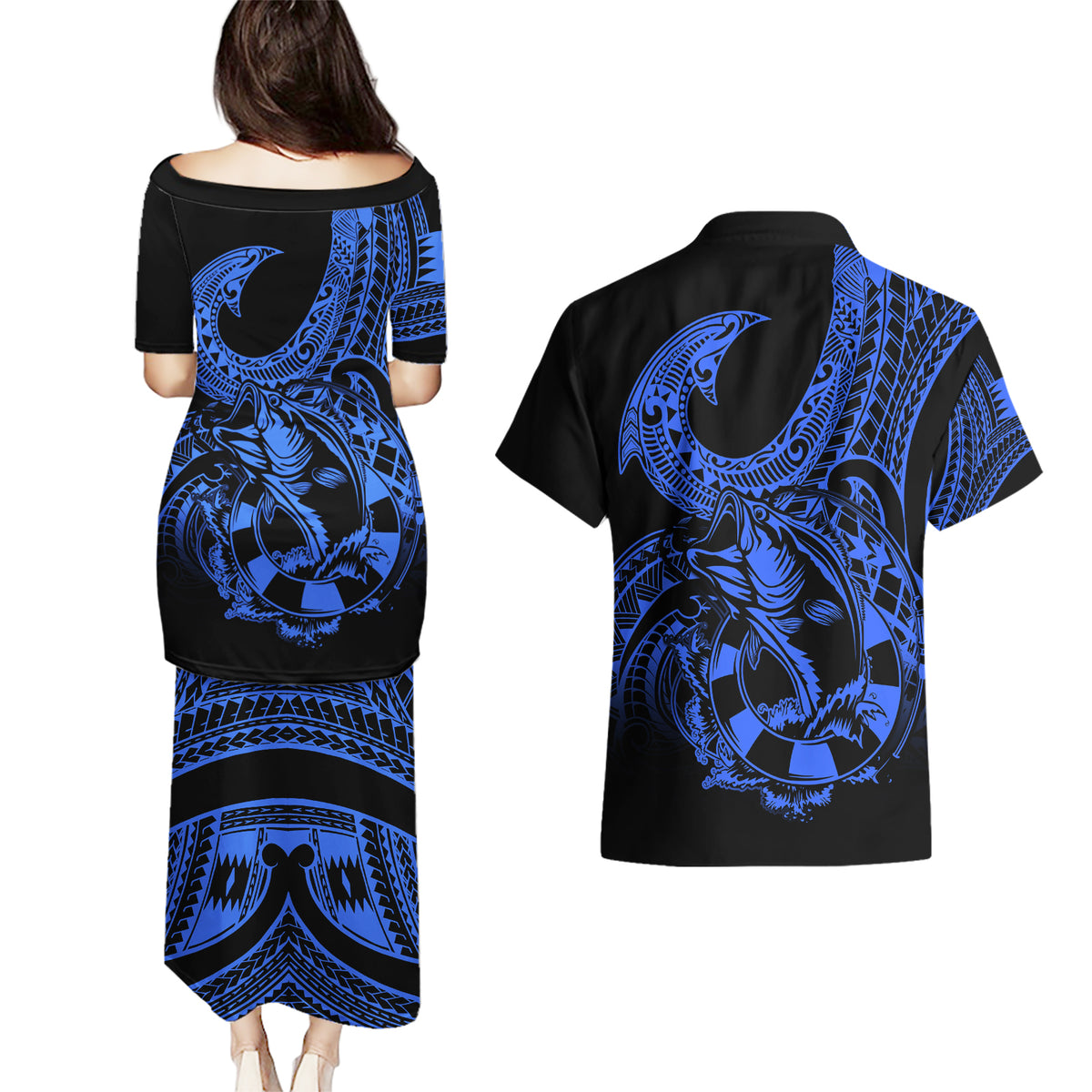 Polynesia Couples Matching Puletasi Dress and Hawaiian Shirt Fish Hook Tattoo Go Fishing Polynesian Pattern Blue - Wonder Print Shop