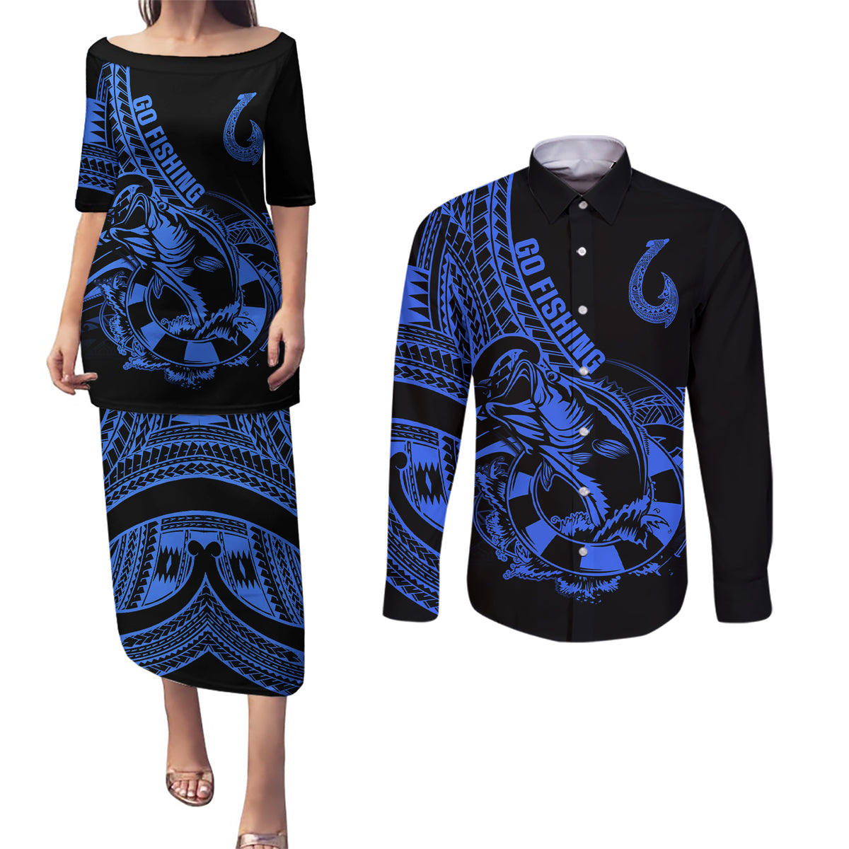 Polynesia Couples Matching Puletasi Dress and Long Sleeve Button Shirts Fish Hook Tattoo Go Fishing Polynesian Pattern Blue - Wonder Print Shop