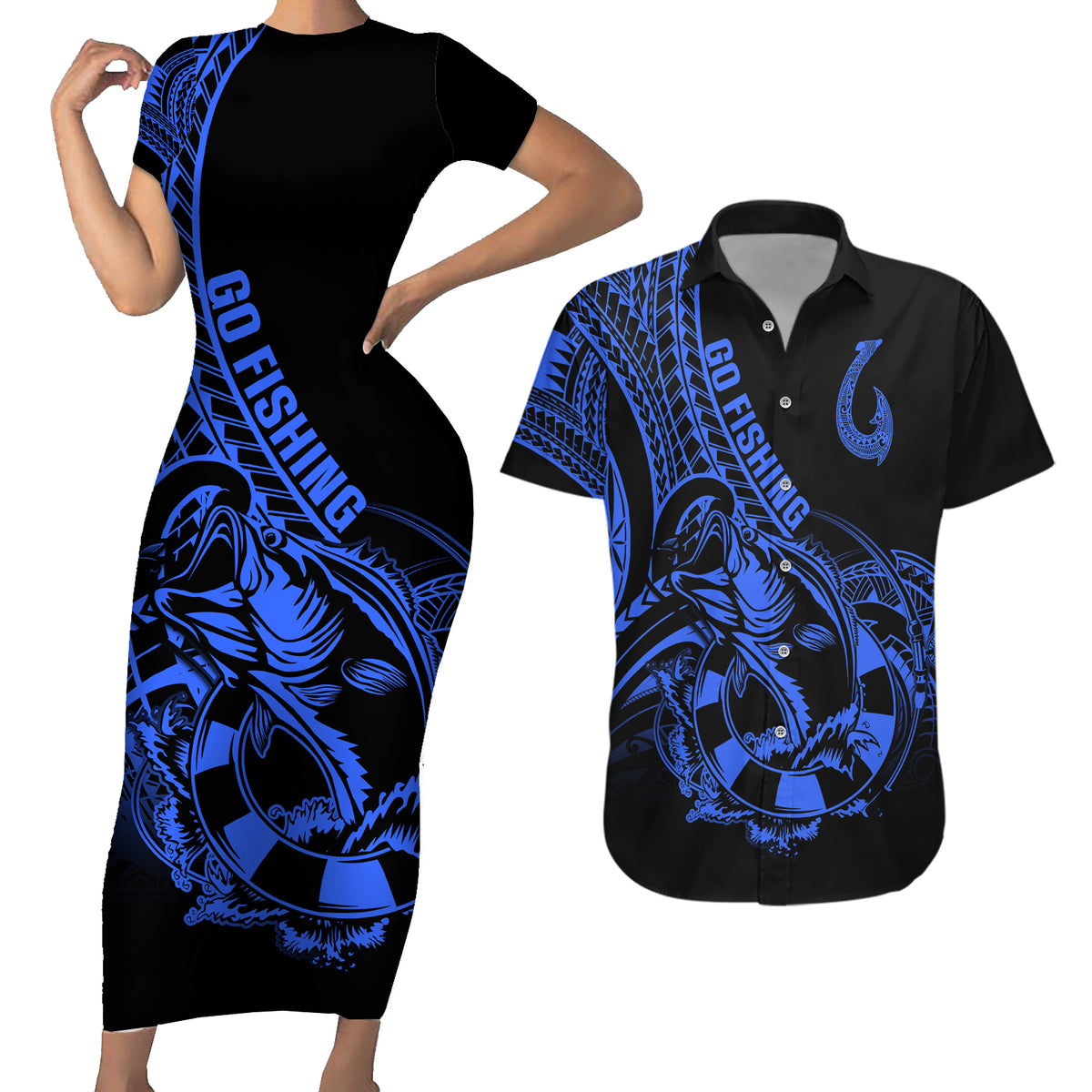 Polynesia Couples Matching Short Sleeve Bodycon Dress and Hawaiian Shirt Fish Hook Tattoo Go Fishing Polynesian Pattern Blue - Wonder Print Shop