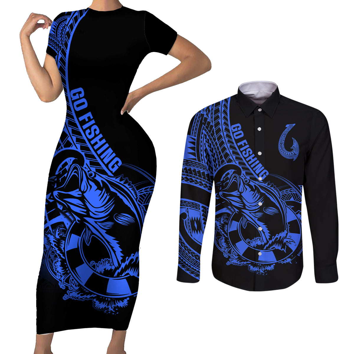 Polynesia Couples Matching Short Sleeve Bodycon Dress and Long Sleeve Button Shirts Fish Hook Tattoo Go Fishing Polynesian Pattern Blue - Wonder Print Shop