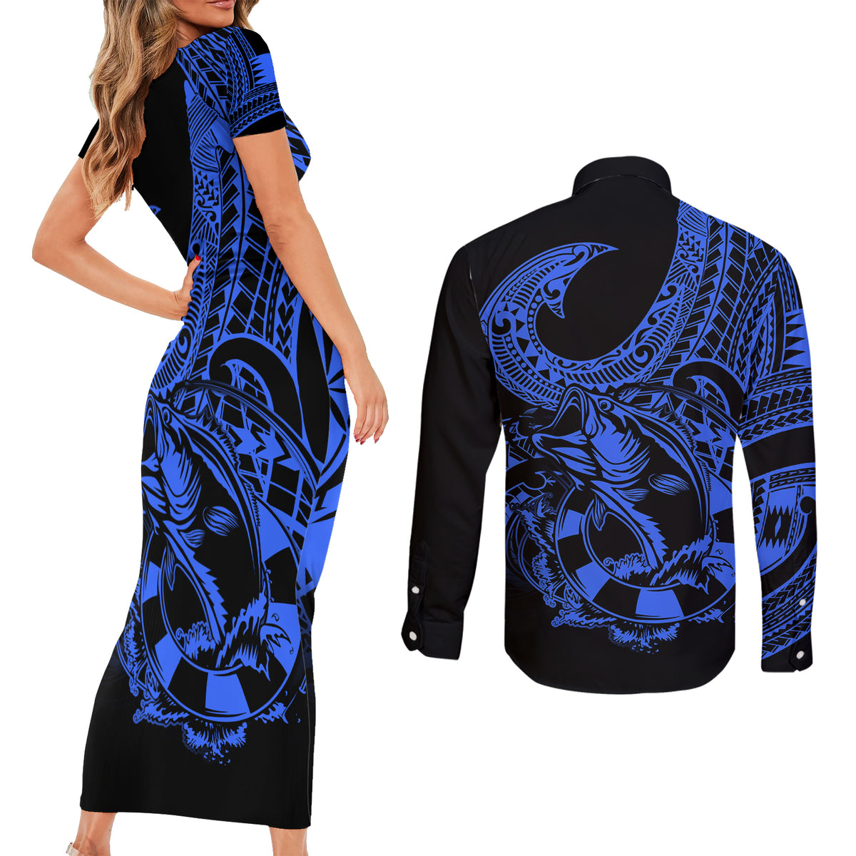 Polynesia Couples Matching Short Sleeve Bodycon Dress and Long Sleeve Button Shirts Fish Hook Tattoo Go Fishing Polynesian Pattern Blue - Wonder Print Shop