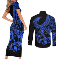 Polynesia Couples Matching Short Sleeve Bodycon Dress and Long Sleeve Button Shirts Fish Hook Tattoo Go Fishing Polynesian Pattern Blue - Wonder Print Shop