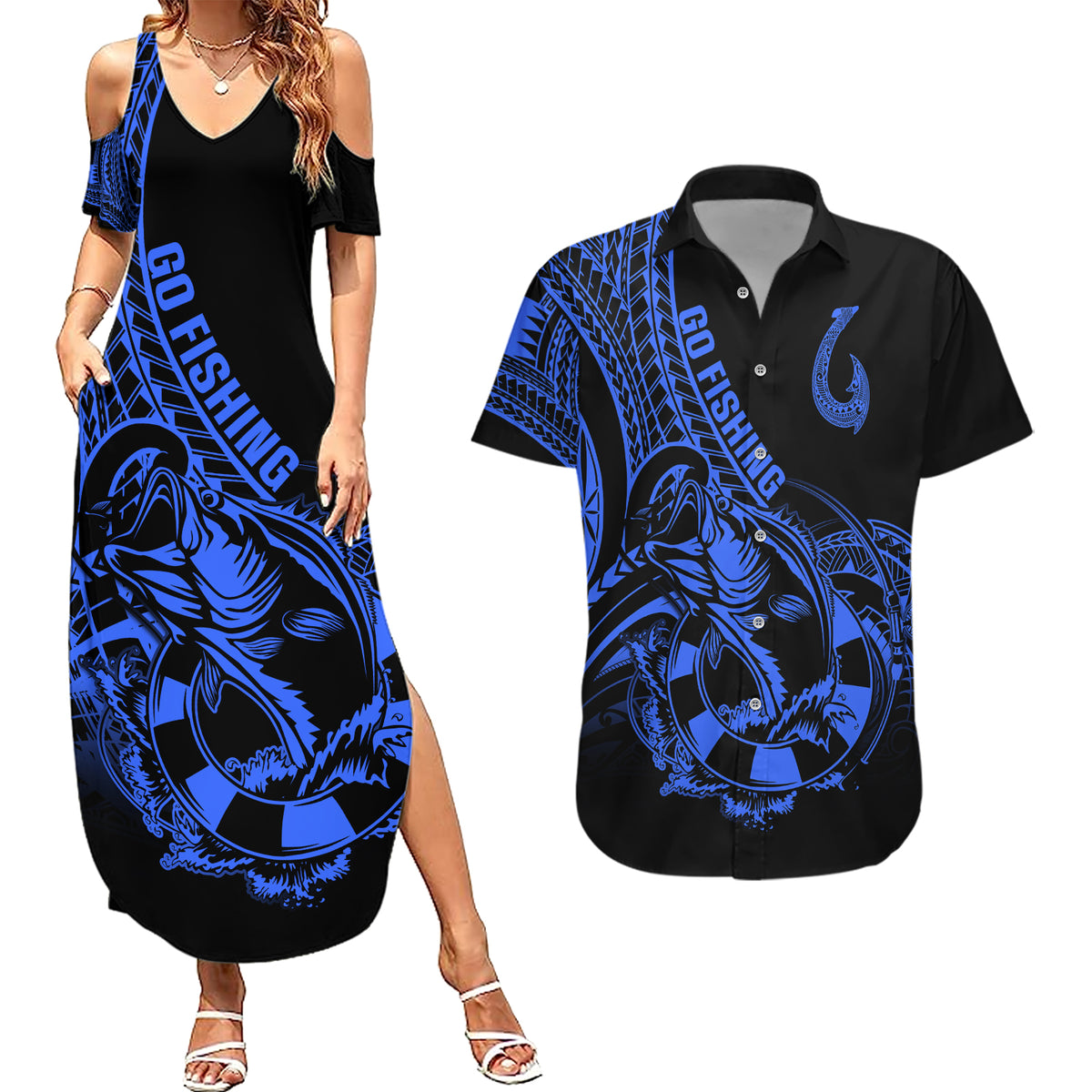 Polynesia Couples Matching Summer Maxi Dress and Hawaiian Shirt Fish Hook Tattoo Go Fishing Polynesian Pattern Blue - Wonder Print Shop