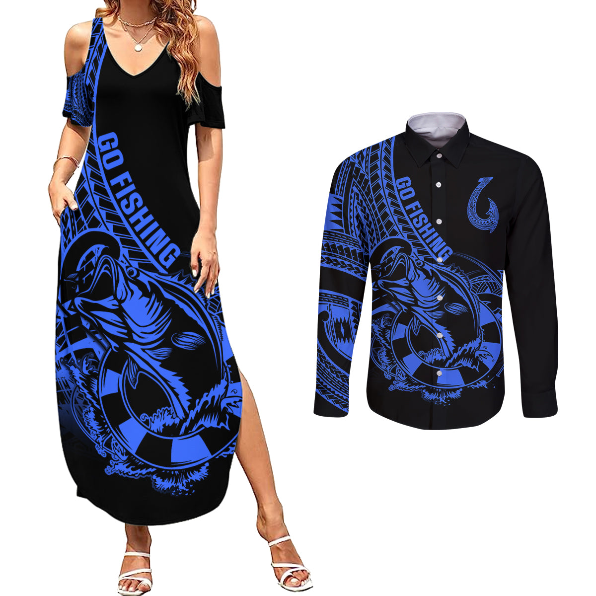 Polynesia Couples Matching Summer Maxi Dress and Long Sleeve Button Shirts Fish Hook Tattoo Go Fishing Polynesian Pattern Blue - Wonder Print Shop