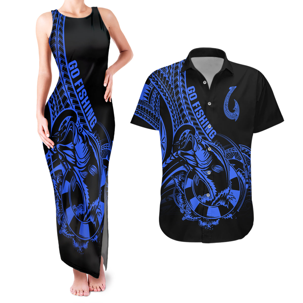 Polynesia Couples Matching Tank Maxi Dress and Hawaiian Shirt Fish Hook Tattoo Go Fishing Polynesian Pattern Blue - Wonder Print Shop