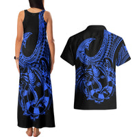 Polynesia Couples Matching Tank Maxi Dress and Hawaiian Shirt Fish Hook Tattoo Go Fishing Polynesian Pattern Blue - Wonder Print Shop