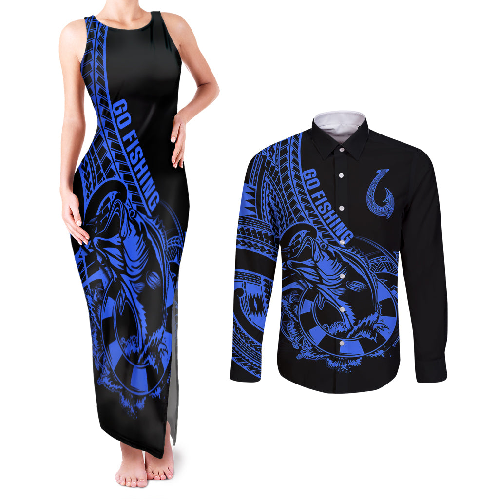 Polynesia Couples Matching Tank Maxi Dress and Long Sleeve Button Shirts Fish Hook Tattoo Go Fishing Polynesian Pattern Blue - Wonder Print Shop