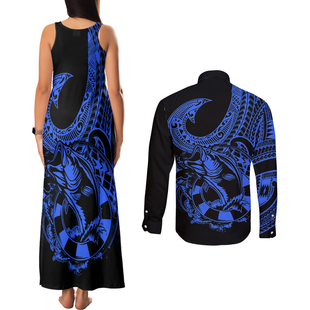 Polynesia Couples Matching Tank Maxi Dress and Long Sleeve Button Shirts Fish Hook Tattoo Go Fishing Polynesian Pattern Blue - Wonder Print Shop