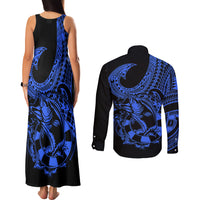 Polynesia Couples Matching Tank Maxi Dress and Long Sleeve Button Shirts Fish Hook Tattoo Go Fishing Polynesian Pattern Blue - Wonder Print Shop