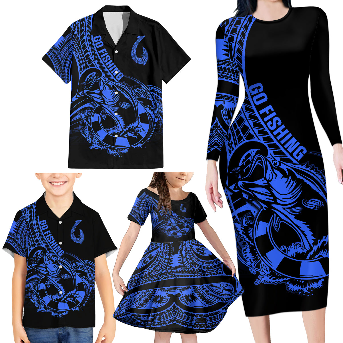 Polynesia Family Matching Long Sleeve Bodycon Dress and Hawaiian Shirt Fish Hook Tattoo Go Fishing Polynesian Pattern Blue - Wonder Print Shop