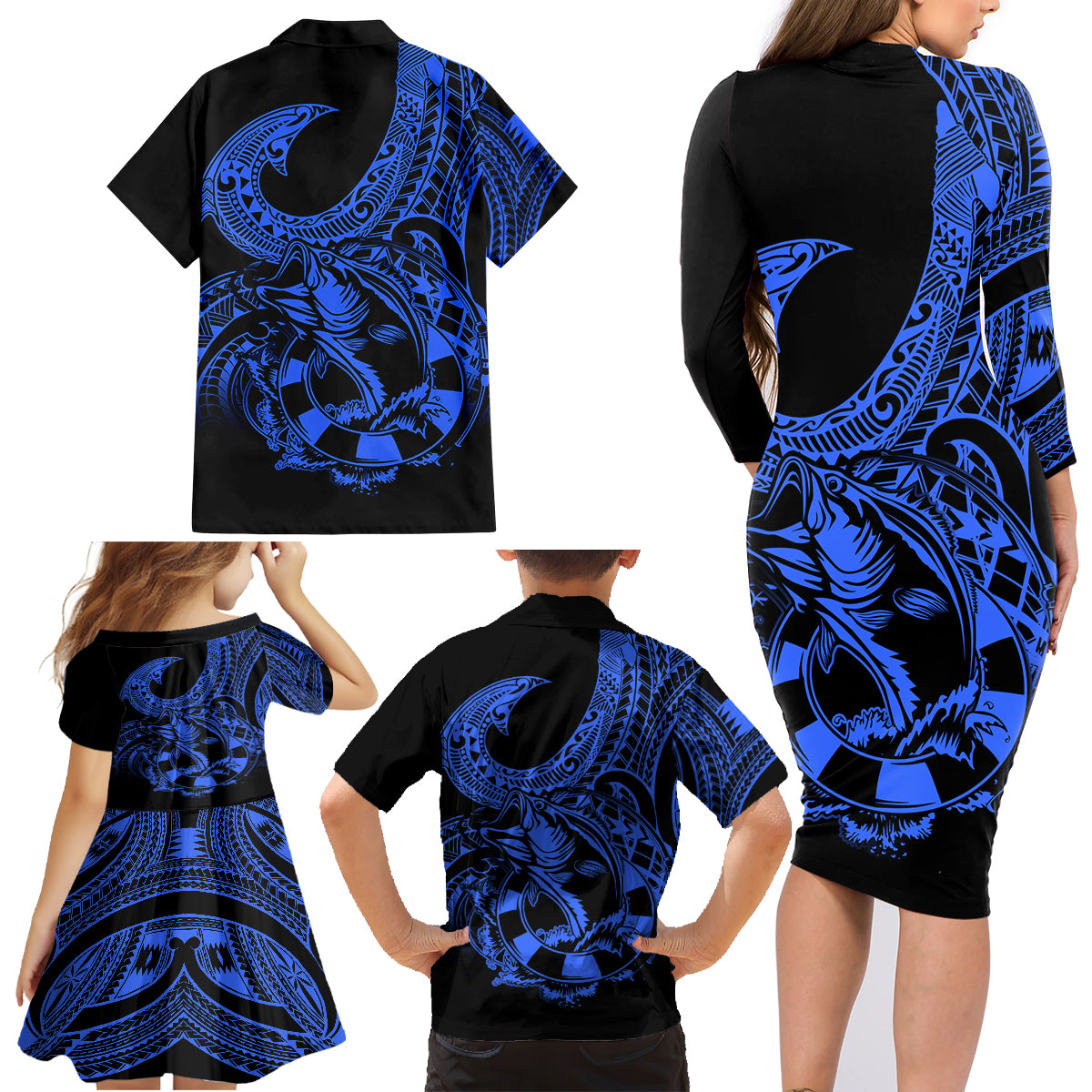 Polynesia Family Matching Long Sleeve Bodycon Dress and Hawaiian Shirt Fish Hook Tattoo Go Fishing Polynesian Pattern Blue - Wonder Print Shop