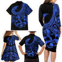 Polynesia Family Matching Long Sleeve Bodycon Dress and Hawaiian Shirt Fish Hook Tattoo Go Fishing Polynesian Pattern Blue - Wonder Print Shop