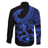 Polynesia Family Matching Long Sleeve Bodycon Dress and Hawaiian Shirt Fish Hook Tattoo Go Fishing Polynesian Pattern Blue - Wonder Print Shop