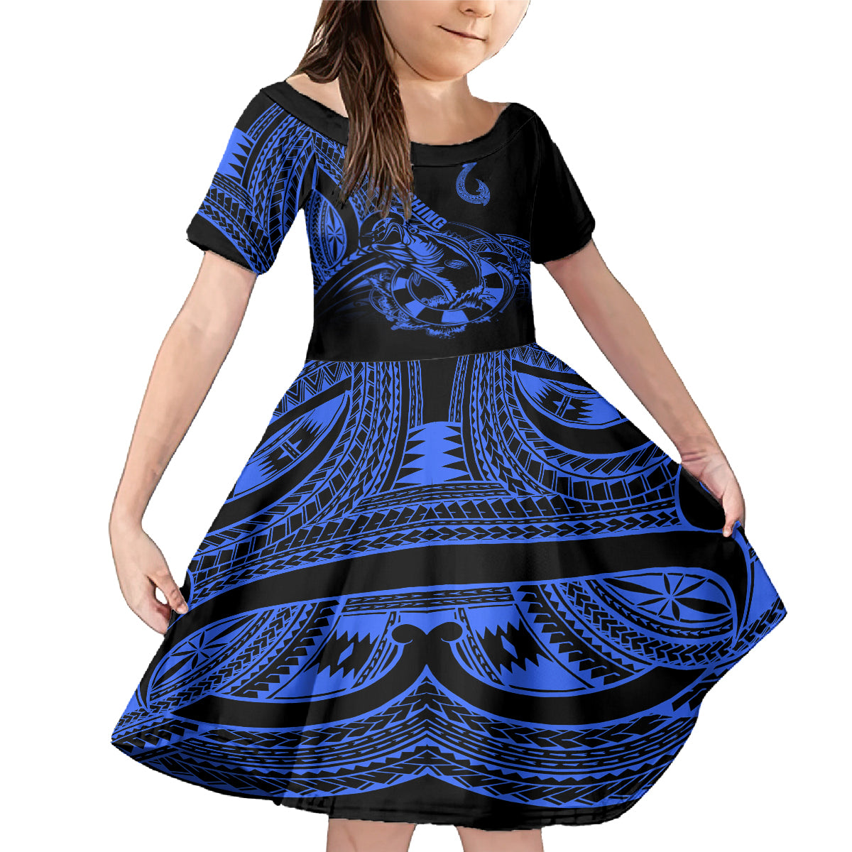 Polynesia Family Matching Mermaid Dress and Hawaiian Shirt Fish Hook Tattoo Go Fishing Polynesian Pattern Blue - Wonder Print Shop