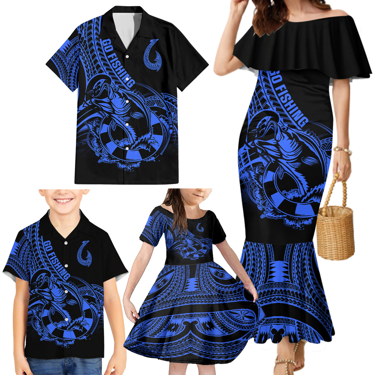Polynesia Family Matching Mermaid Dress and Hawaiian Shirt Fish Hook Tattoo Go Fishing Polynesian Pattern Blue - Wonder Print Shop