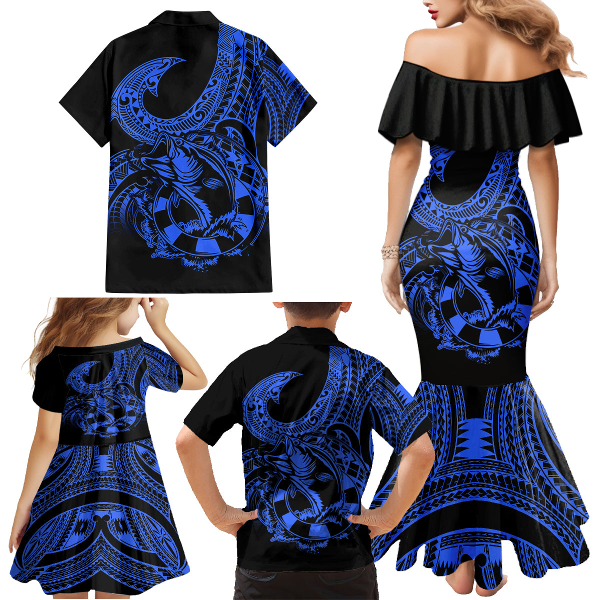 Polynesia Family Matching Mermaid Dress and Hawaiian Shirt Fish Hook Tattoo Go Fishing Polynesian Pattern Blue - Wonder Print Shop