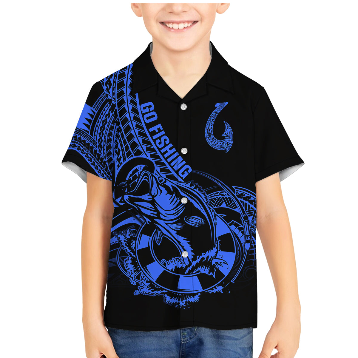 Polynesia Family Matching Mermaid Dress and Hawaiian Shirt Fish Hook Tattoo Go Fishing Polynesian Pattern Blue - Wonder Print Shop