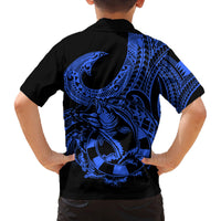 Polynesia Family Matching Off Shoulder Long Sleeve Dress and Hawaiian Shirt Fish Hook Tattoo Go Fishing Polynesian Pattern Blue - Wonder Print Shop