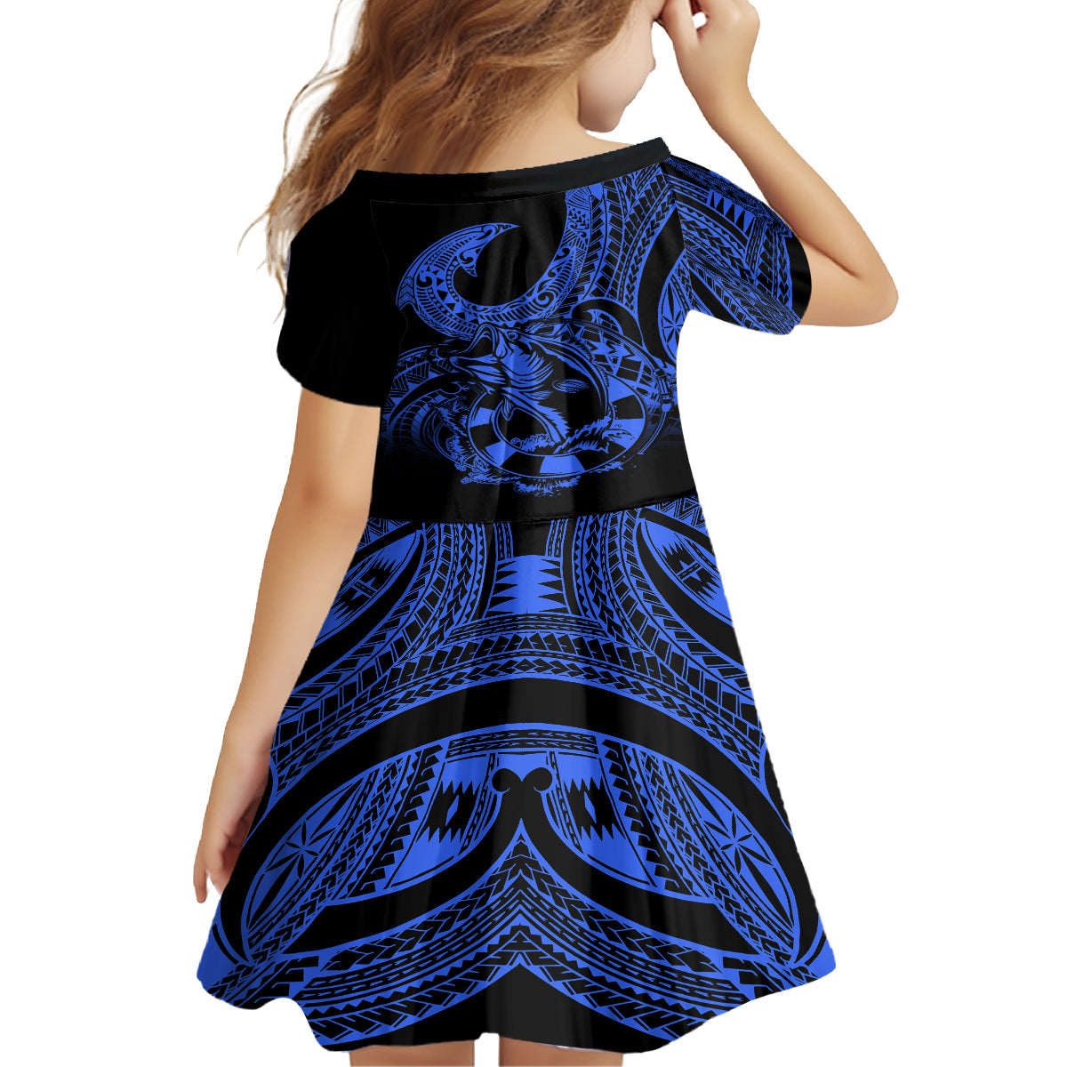 Polynesia Family Matching Off Shoulder Long Sleeve Dress and Hawaiian Shirt Fish Hook Tattoo Go Fishing Polynesian Pattern Blue - Wonder Print Shop