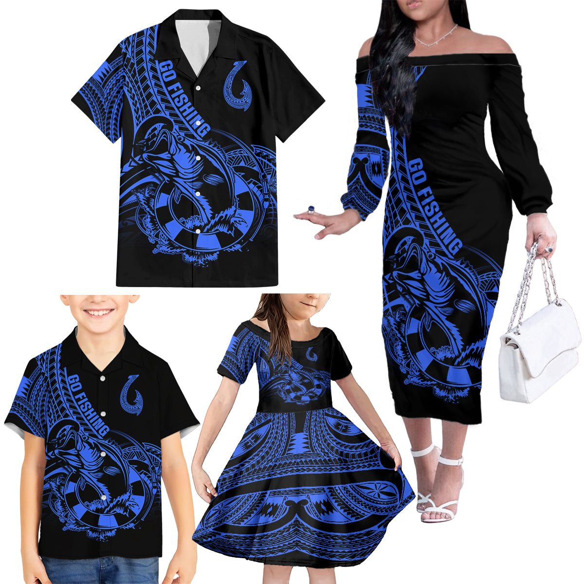 Polynesia Family Matching Off Shoulder Long Sleeve Dress and Hawaiian Shirt Fish Hook Tattoo Go Fishing Polynesian Pattern Blue - Wonder Print Shop