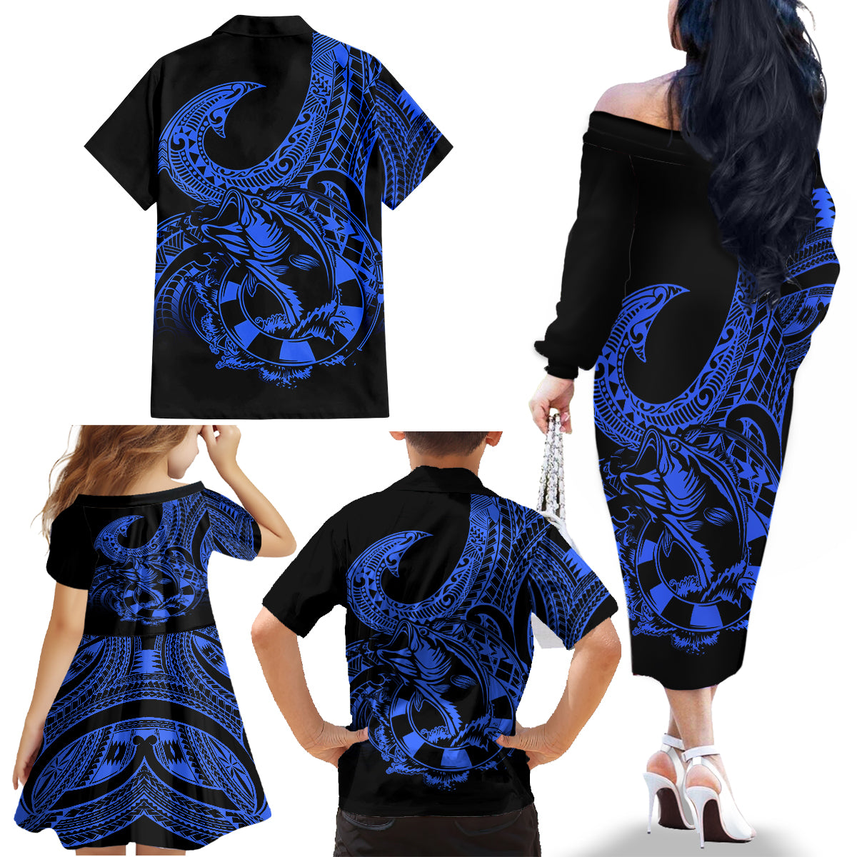 Polynesia Family Matching Off Shoulder Long Sleeve Dress and Hawaiian Shirt Fish Hook Tattoo Go Fishing Polynesian Pattern Blue - Wonder Print Shop