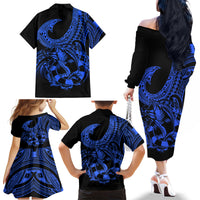 Polynesia Family Matching Off Shoulder Long Sleeve Dress and Hawaiian Shirt Fish Hook Tattoo Go Fishing Polynesian Pattern Blue - Wonder Print Shop