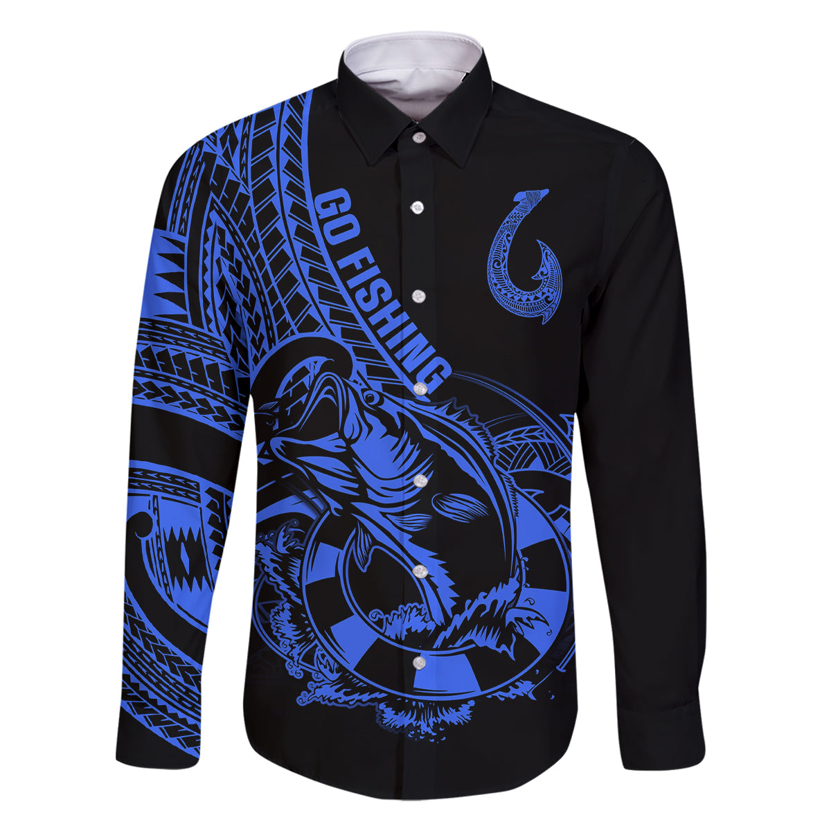 Polynesia Family Matching Off Shoulder Long Sleeve Dress and Hawaiian Shirt Fish Hook Tattoo Go Fishing Polynesian Pattern Blue - Wonder Print Shop