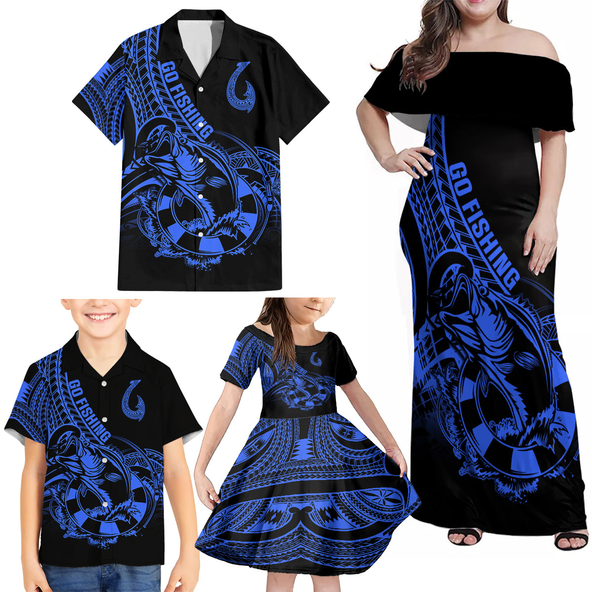Polynesia Family Matching Off Shoulder Maxi Dress and Hawaiian Shirt Fish Hook Tattoo Go Fishing Polynesian Pattern Blue - Wonder Print Shop