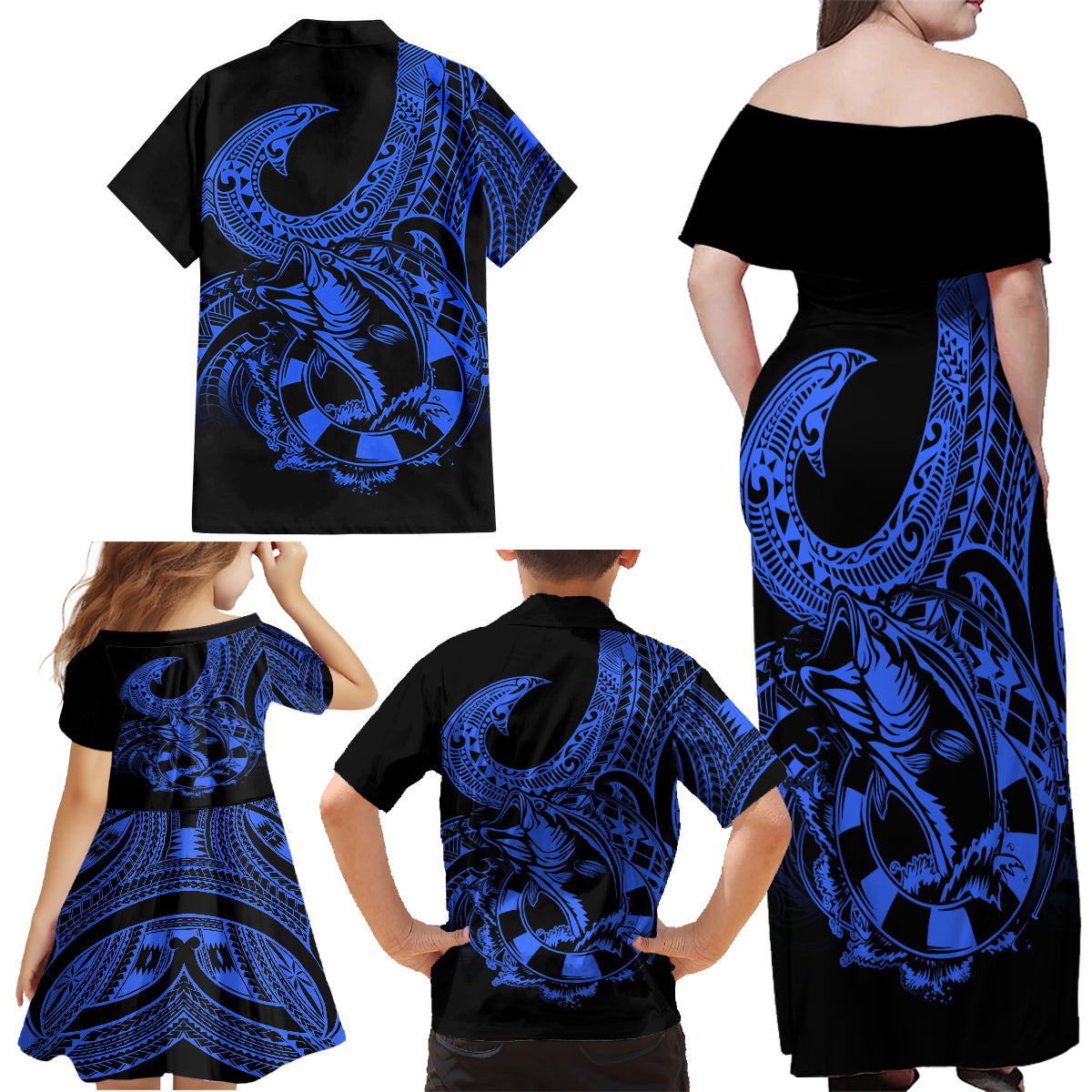 Polynesia Family Matching Off Shoulder Maxi Dress and Hawaiian Shirt Fish Hook Tattoo Go Fishing Polynesian Pattern Blue - Wonder Print Shop