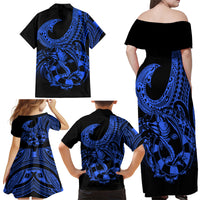 Polynesia Family Matching Off Shoulder Maxi Dress and Hawaiian Shirt Fish Hook Tattoo Go Fishing Polynesian Pattern Blue - Wonder Print Shop