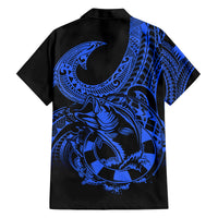 Polynesia Family Matching Off Shoulder Maxi Dress and Hawaiian Shirt Fish Hook Tattoo Go Fishing Polynesian Pattern Blue - Wonder Print Shop