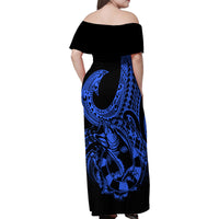 Polynesia Family Matching Off Shoulder Maxi Dress and Hawaiian Shirt Fish Hook Tattoo Go Fishing Polynesian Pattern Blue - Wonder Print Shop