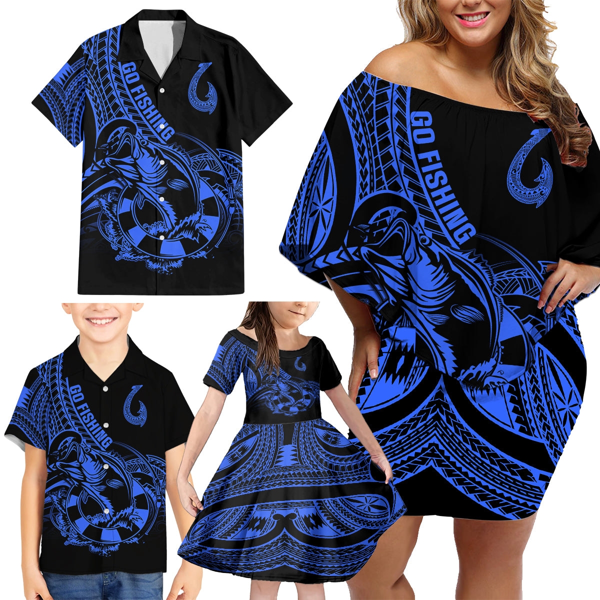 Polynesia Family Matching Off Shoulder Short Dress and Hawaiian Shirt Fish Hook Tattoo Go Fishing Polynesian Pattern Blue - Wonder Print Shop