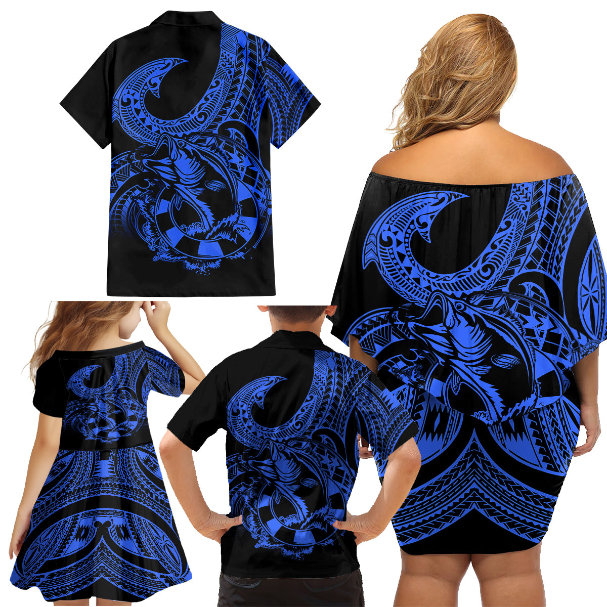 Polynesia Family Matching Off Shoulder Short Dress and Hawaiian Shirt Fish Hook Tattoo Go Fishing Polynesian Pattern Blue - Wonder Print Shop