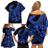 Polynesia Family Matching Off Shoulder Short Dress and Hawaiian Shirt Fish Hook Tattoo Go Fishing Polynesian Pattern Blue - Wonder Print Shop