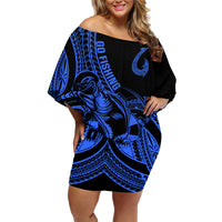 Polynesia Family Matching Off Shoulder Short Dress and Hawaiian Shirt Fish Hook Tattoo Go Fishing Polynesian Pattern Blue - Wonder Print Shop